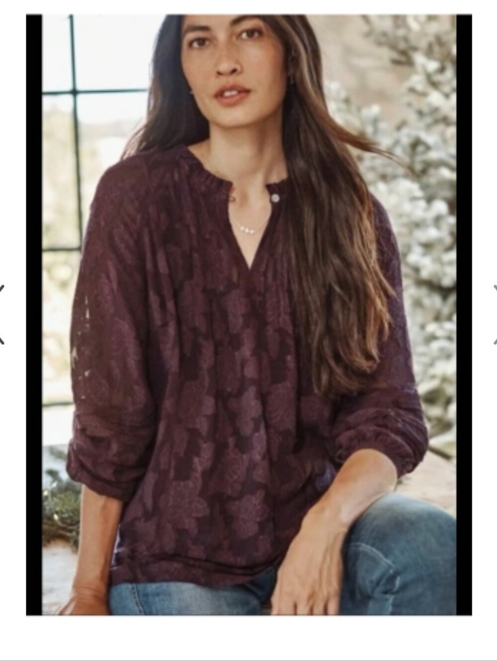 J Jill Plum Bohemian Peasant Floral Lace Blouse Keyhole Puff Sheer Long Sleeves